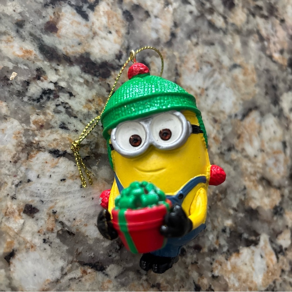Festive Minion Ornament Dave with Green Hat and Red Gift Despicable Me